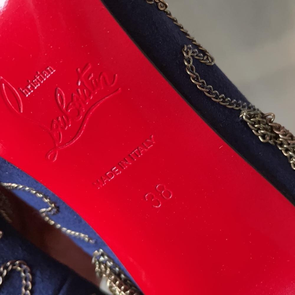 Christian louboutin dollyparty navy satin chain stiletto sz 38 120mm $2495 - Picture 8 of 9